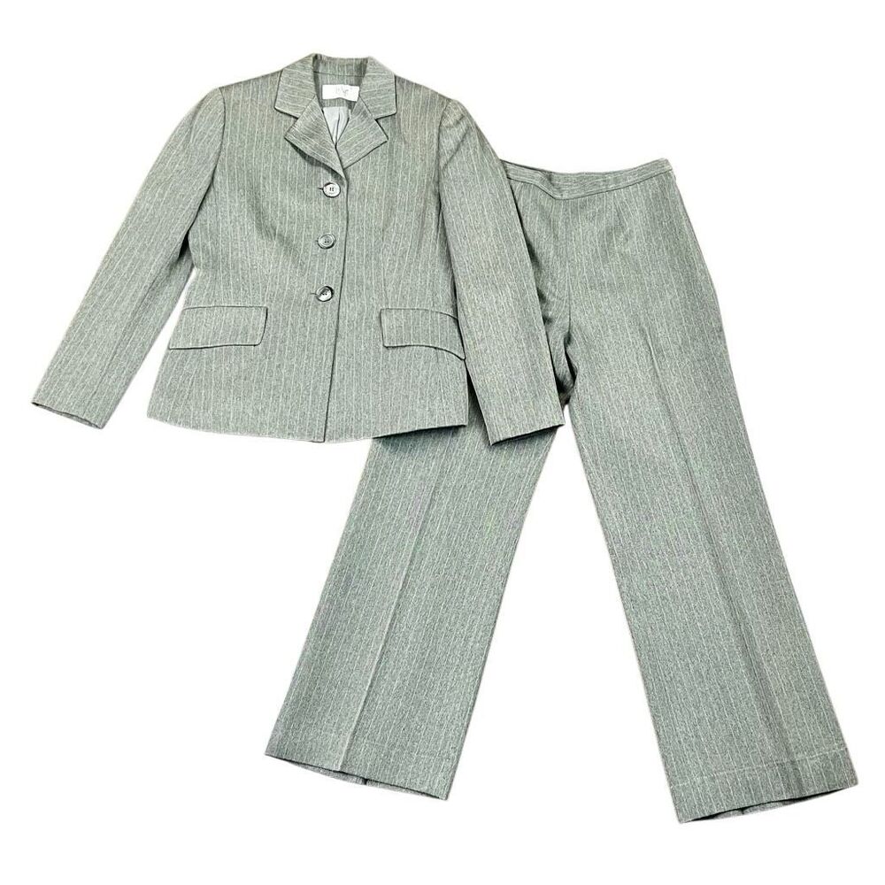 Le Suit Vintage Grey Pinstriped Career Pantsuit 4 Petite